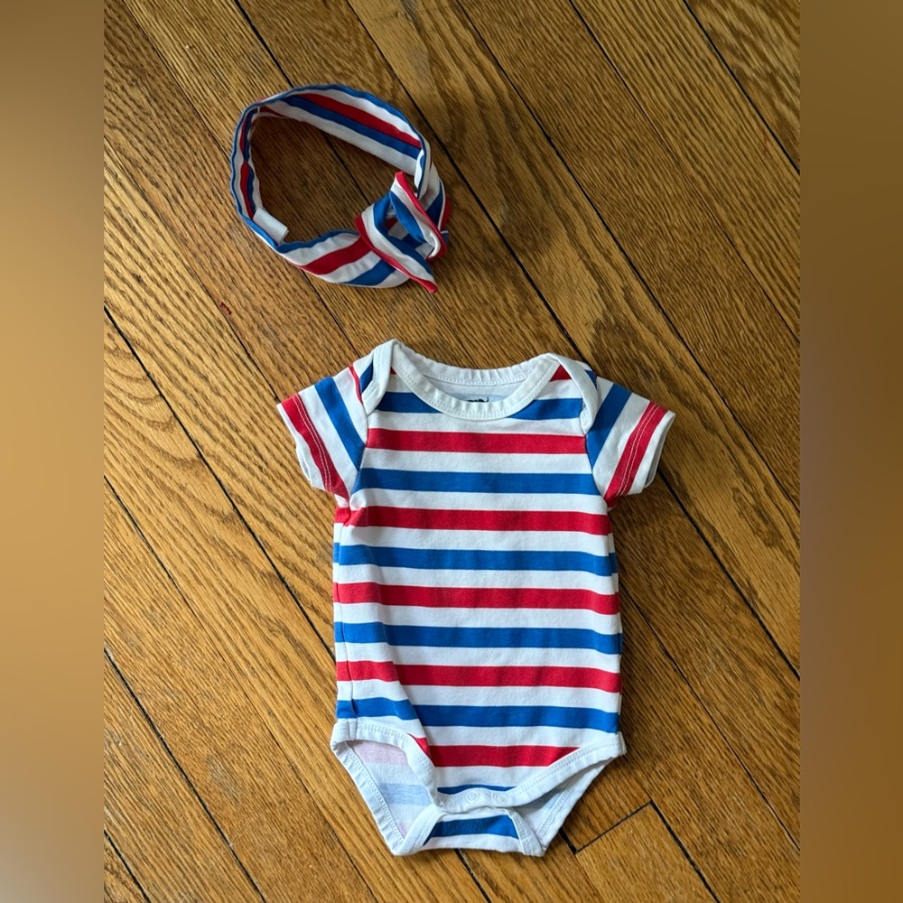Monica + Andy Striped Onesie with Headband - Size 0-3 Months